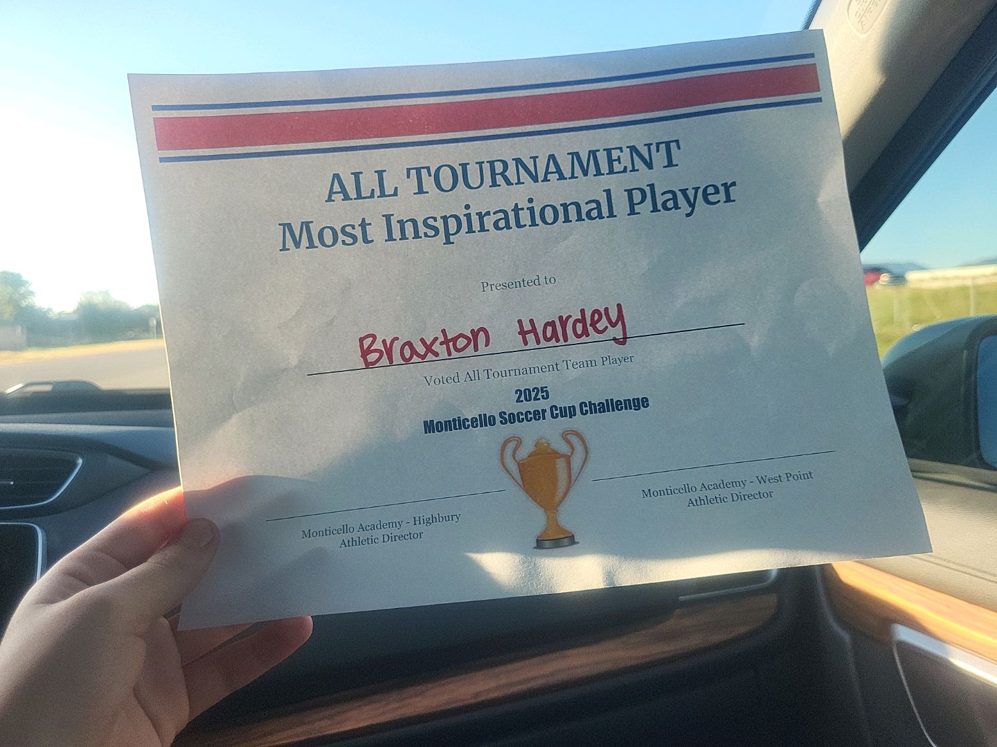 my brother got this award from playing a tournament for soccer