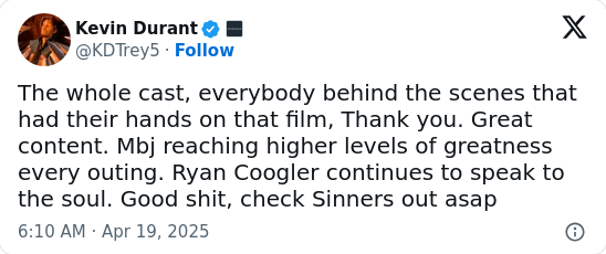KD Leaves the Court for 'Sinners' Movie