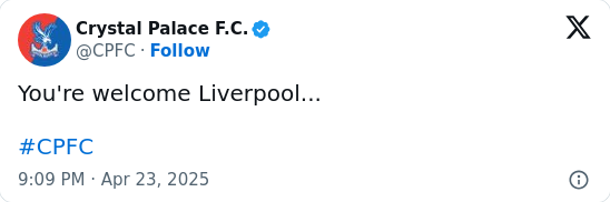 Palace’s Cheeky Assist: “You’re Welcome, Liverpool”