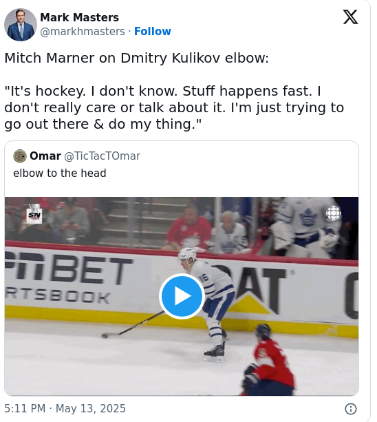 Marner Shrugs Off Kulikov Elbow Drama
