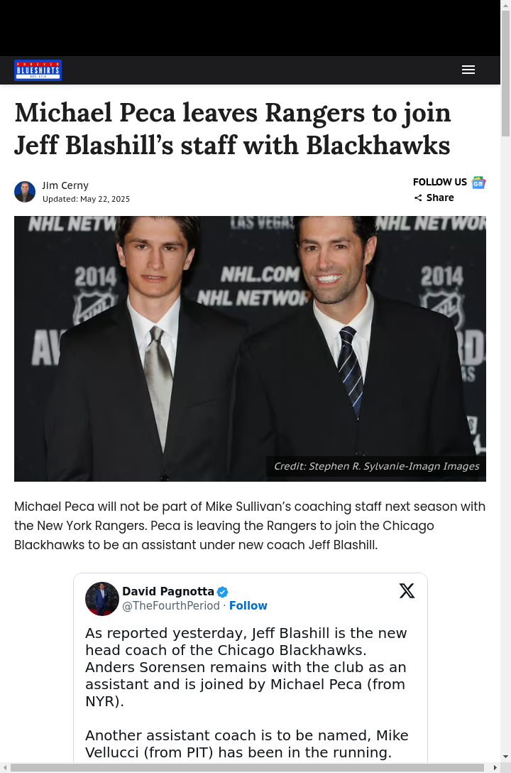 Peca Swaps Blueshirts for Blackhawks Bench