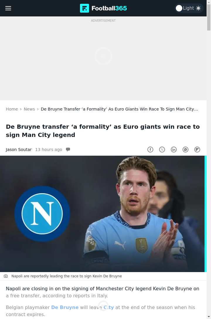 KDB Set for Napoli: End of an Era at City