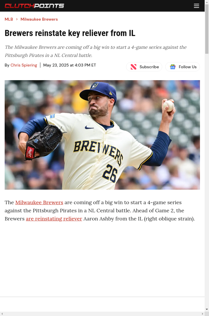 Ashby Returns: Brew Crew Bullpen Boost?