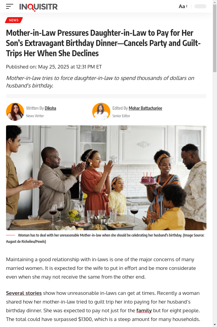 MIL Drama Over $1300 Birthday Dinner