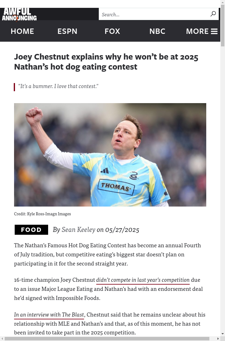 Joey Chestnut Drops Hot Dog Bombshell