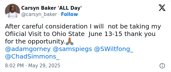 Buckeyes Out of the Baker Race—Surprised?