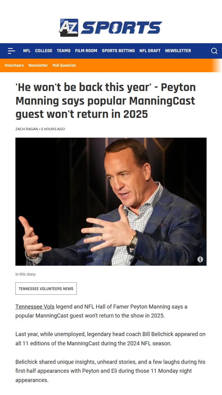 Belichick Benched from ManningCast 2025