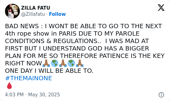 Zilla Fatu Grounded—Paris Show Missed!
