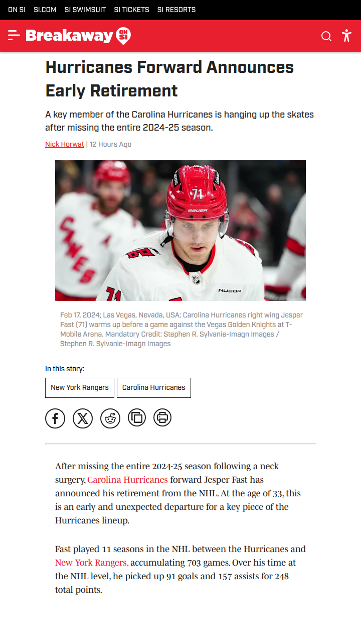Jesper Fast Hangs Up His Skates Early
