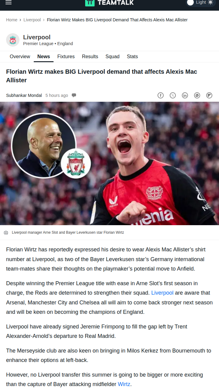 Wirtz Wants Mac Allister’s No.10 at LFC!