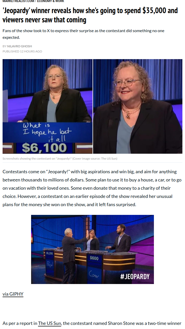 Sharon’s Jeopardy! Winnings Surprise 🎤