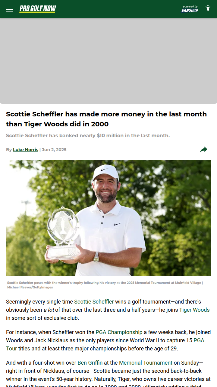 Scheffler’s Payday Tops Tiger’s 2000 Run