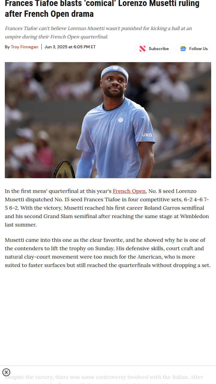 Tiafoe Calls Out 'Comical' Musetti Ruling