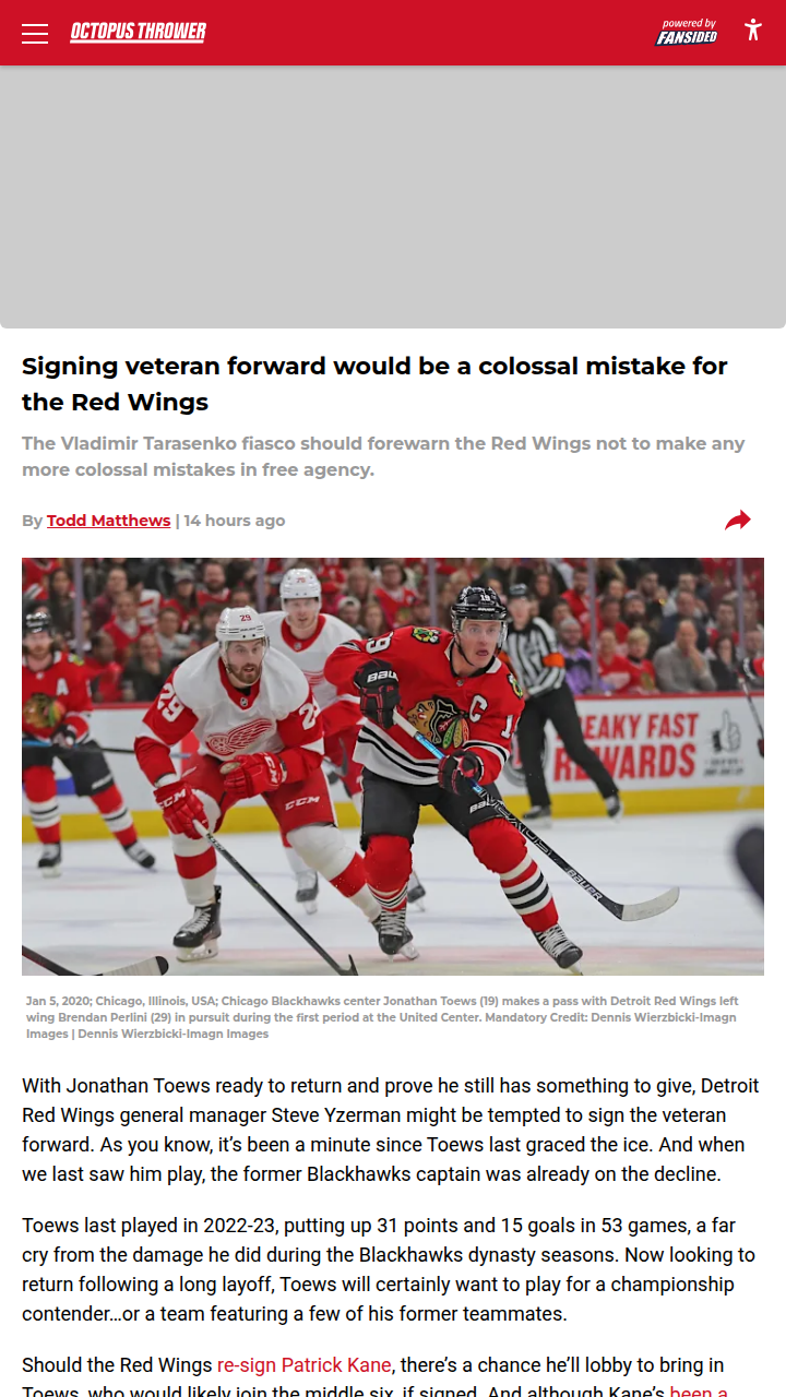 Should the Wings Roll the Dice on Toews?