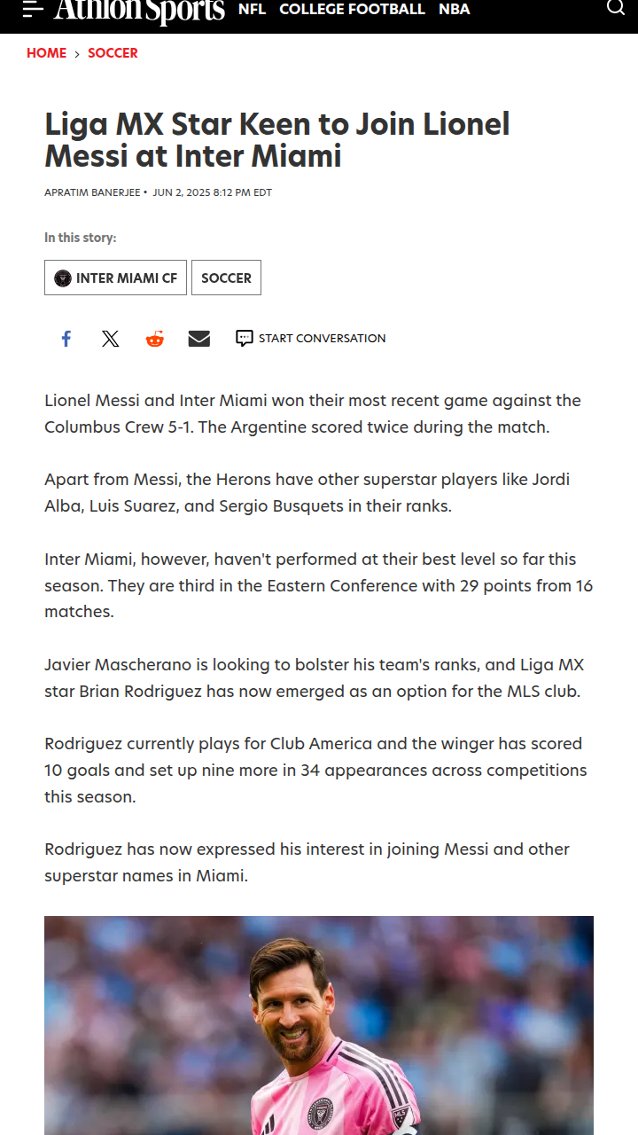 Brian Rodriguez Eyes Messi Link-Up in Miami