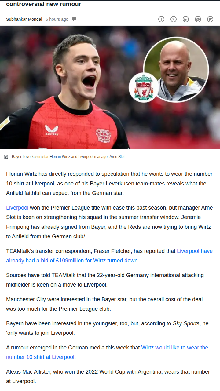 Wirtz Shuts Down Liverpool No.10 Rumor