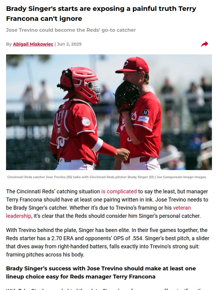 Should Trevino Be Singer’s Personal Catcher?