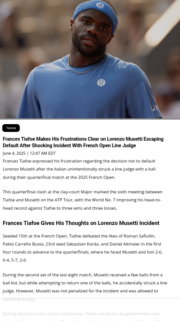 Tiafoe Calls Out Musetti’s Lucky Break