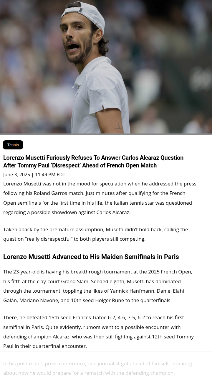 Musetti Shuts Down Alcaraz Hype Talk