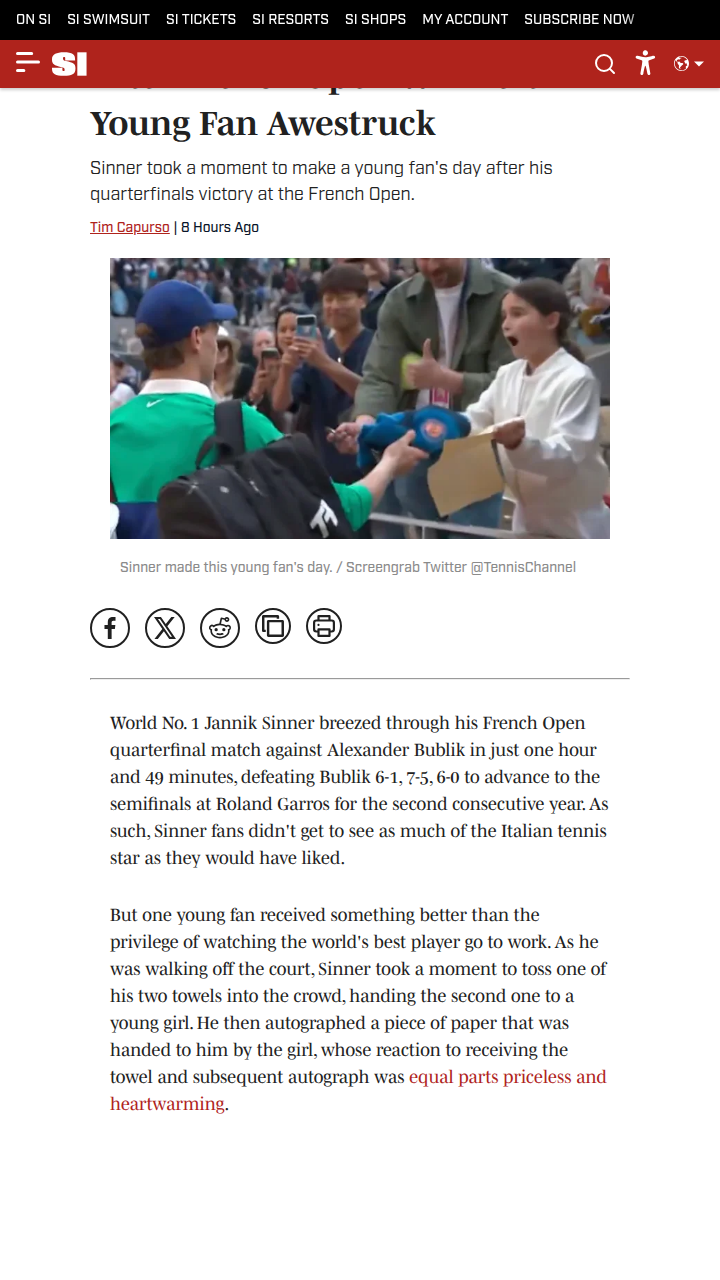 Sinner’s Heartwarming Moment at Roland Garros