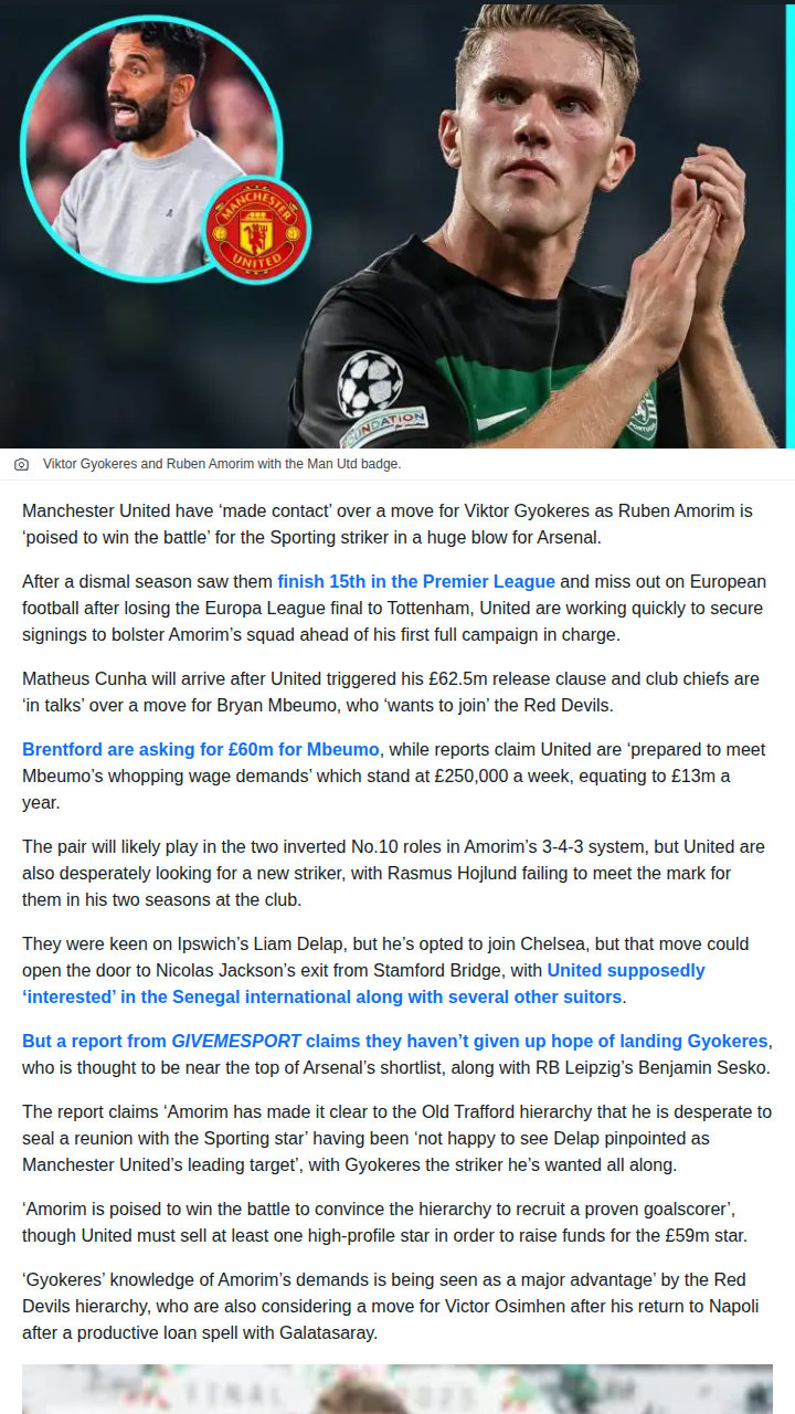 Red Devils Edge Gunners for Gyokeres?