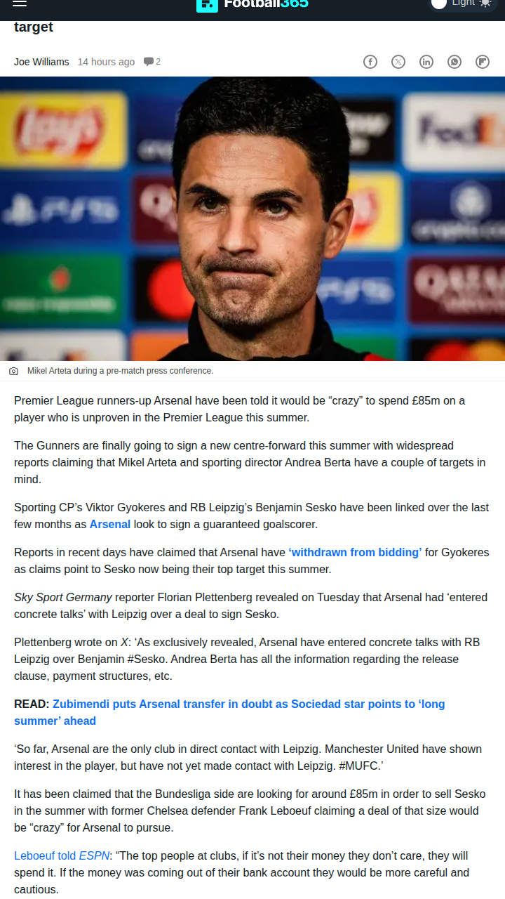 Sesko Worth £85m Gamble for Gunners?