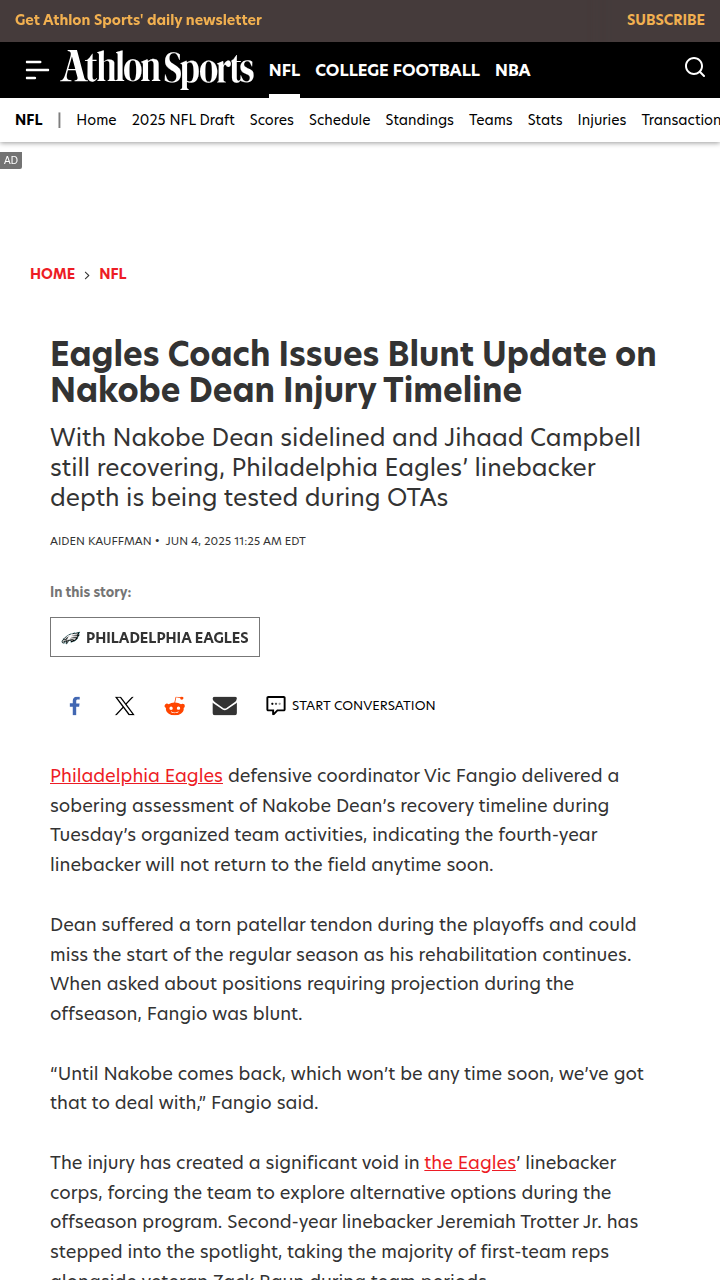 Eagles LB Corps Faces Big Test Without Dean