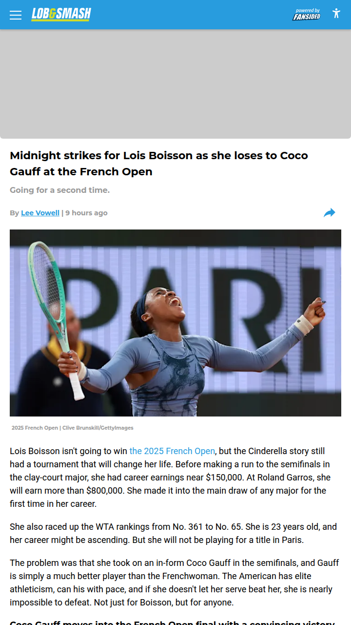 Boisson’s Dream Run Ends vs. Gauff