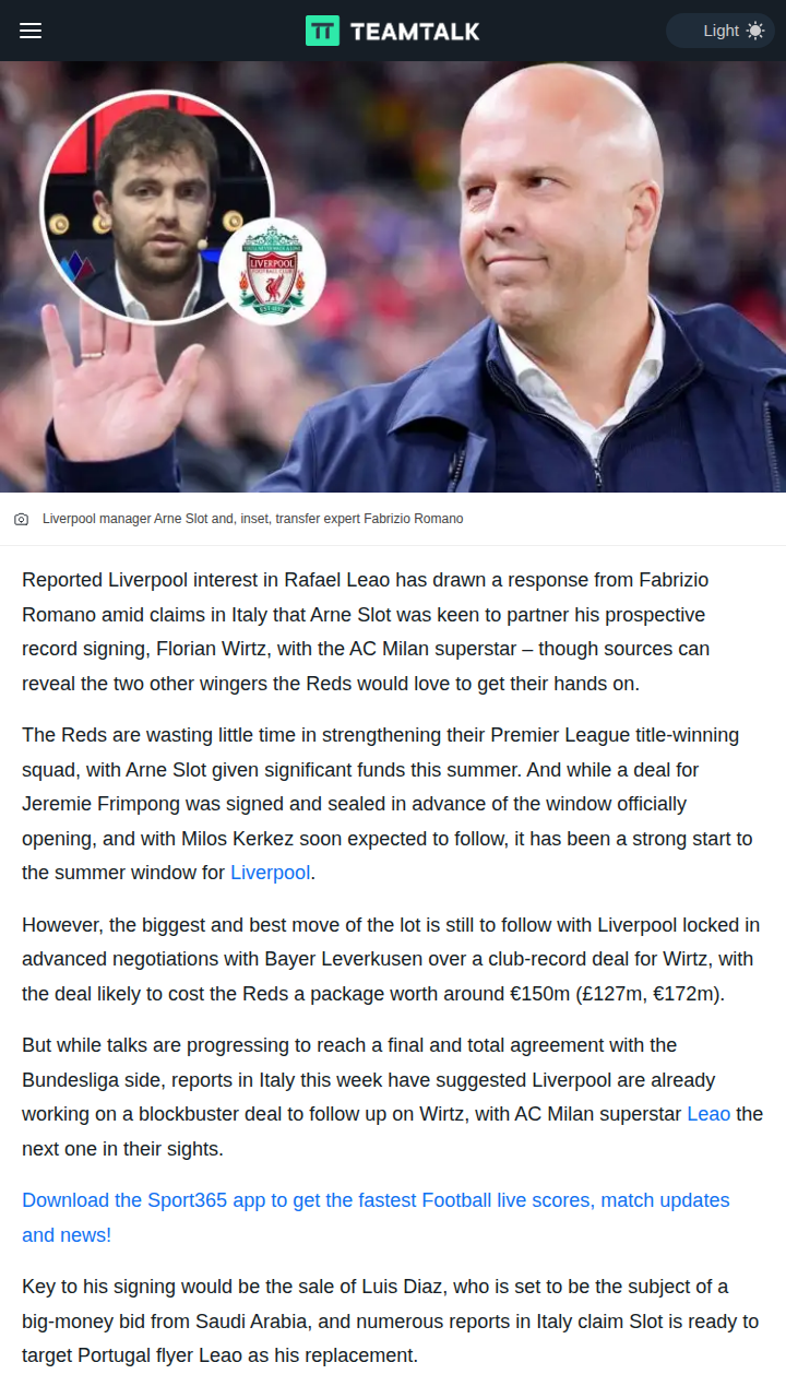 Leao to Anfield? Romano Sets Record Straight
