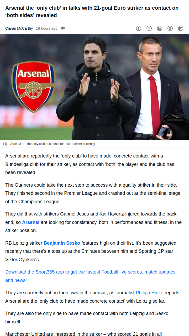 Gunners Eye Sesko: Striker Race Heats Up