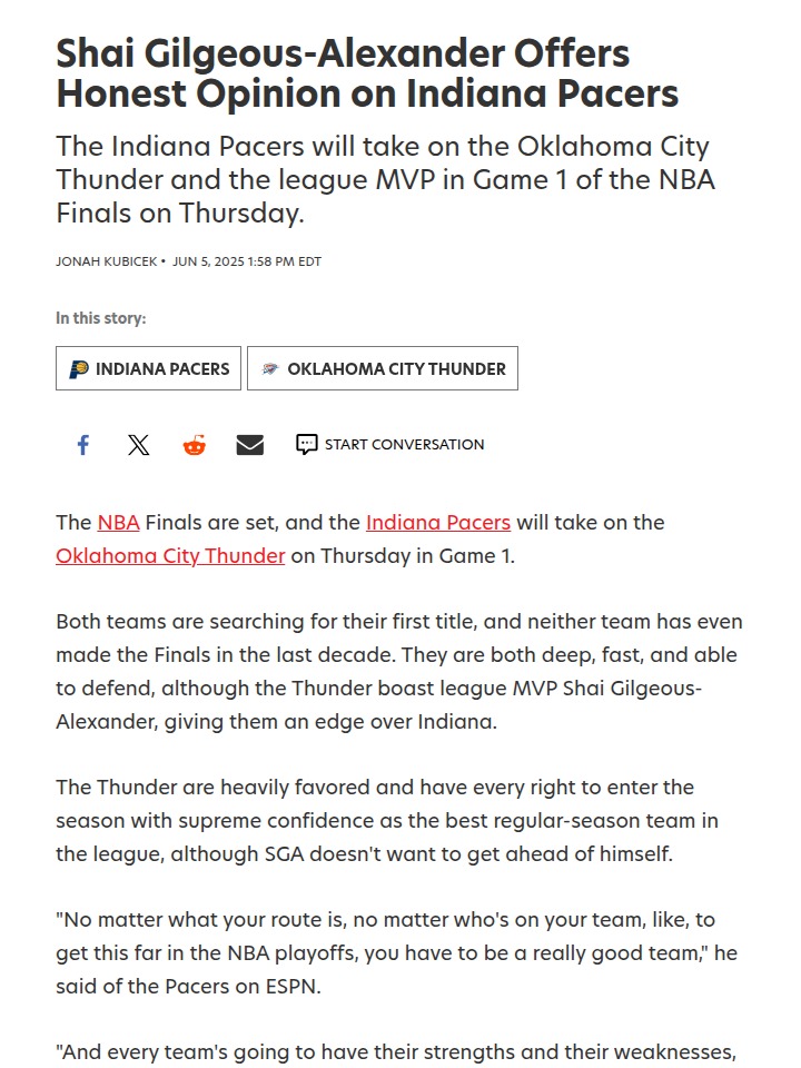 SGA Respects Pacers Ahead of Finals Clash