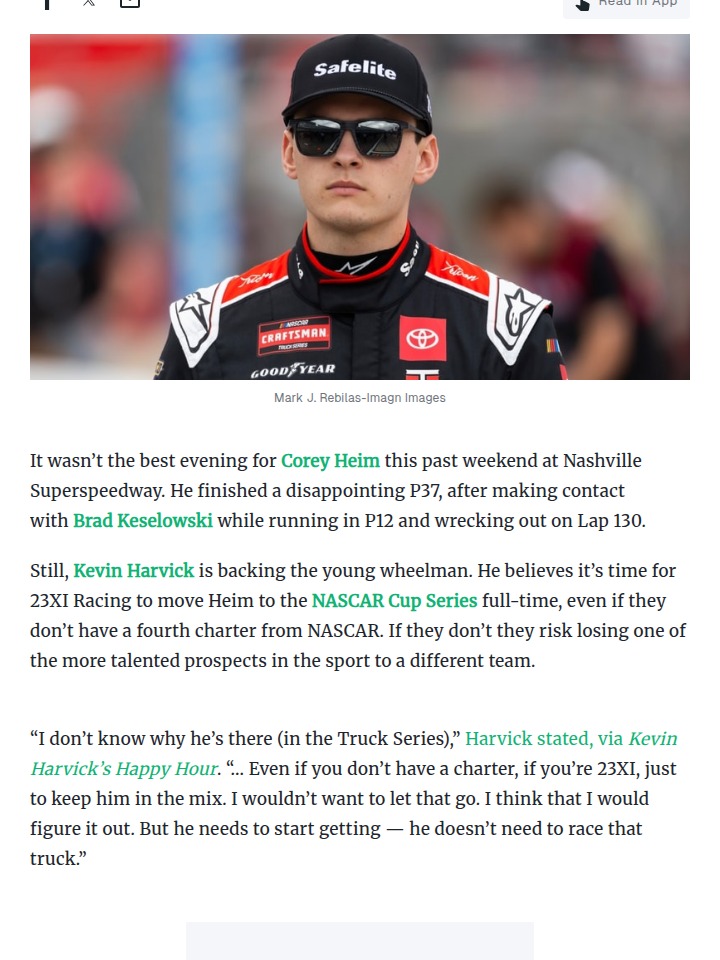 Harvick: Don’t Sleep on Corey Heim!