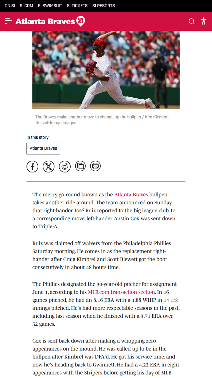 Braves Bullpen Shakeup: Ruiz In, Cox Out