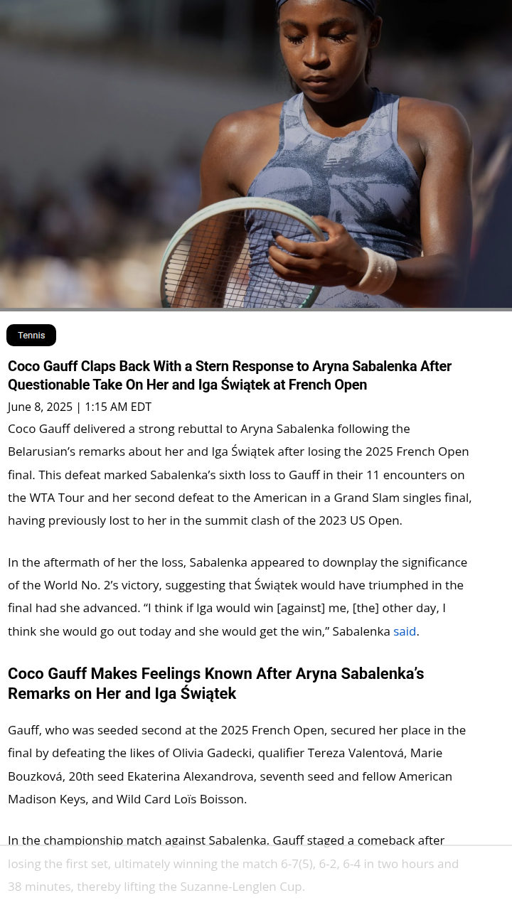 Gauff Fires Back After Sabalenka Shade