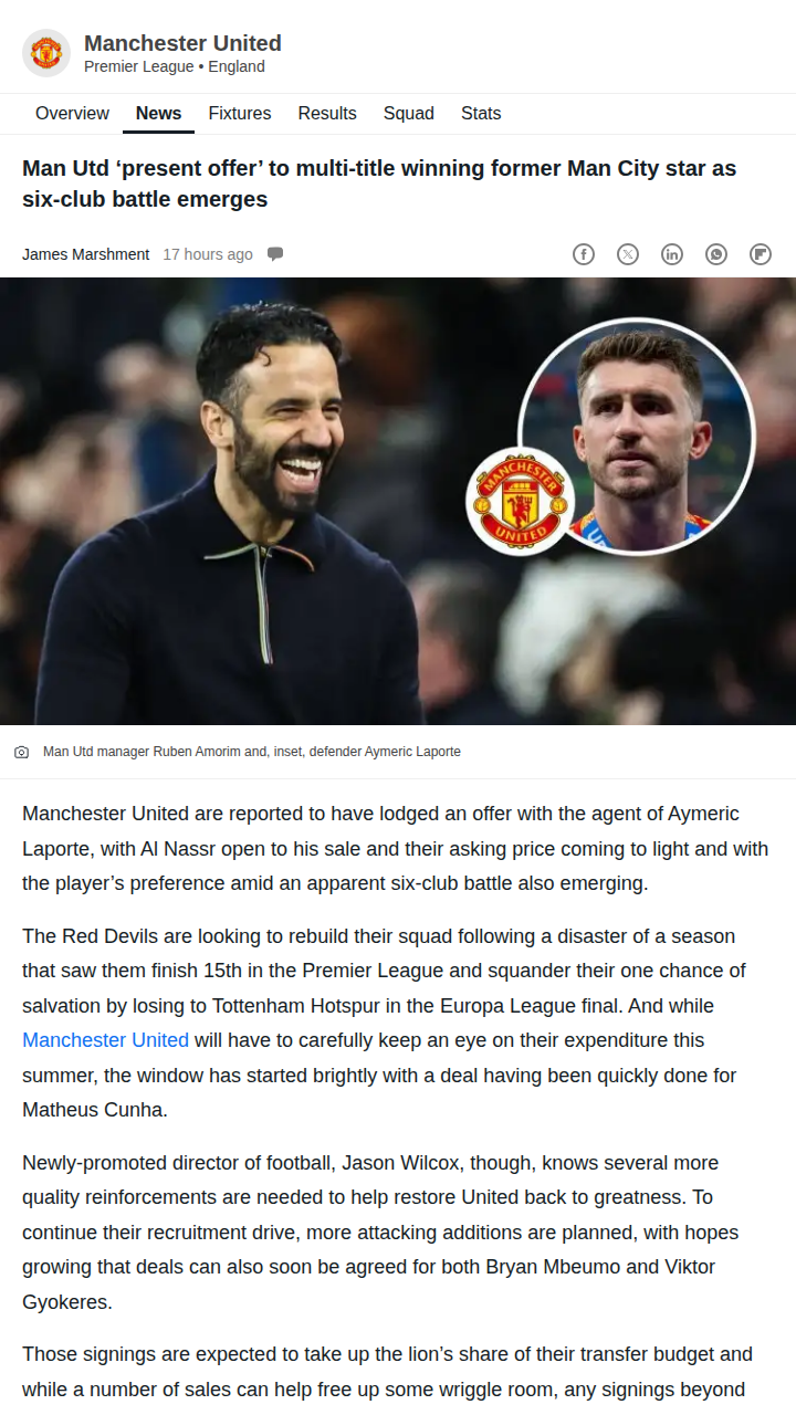 Red Devils Eye Ex-City Star Laporte!