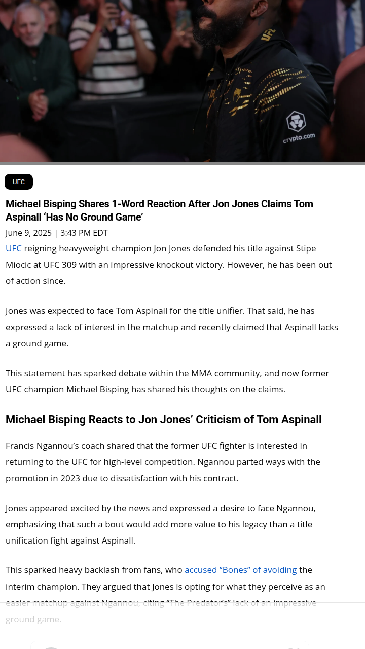 Bisping Fires Back at Bones’ Aspinall Diss