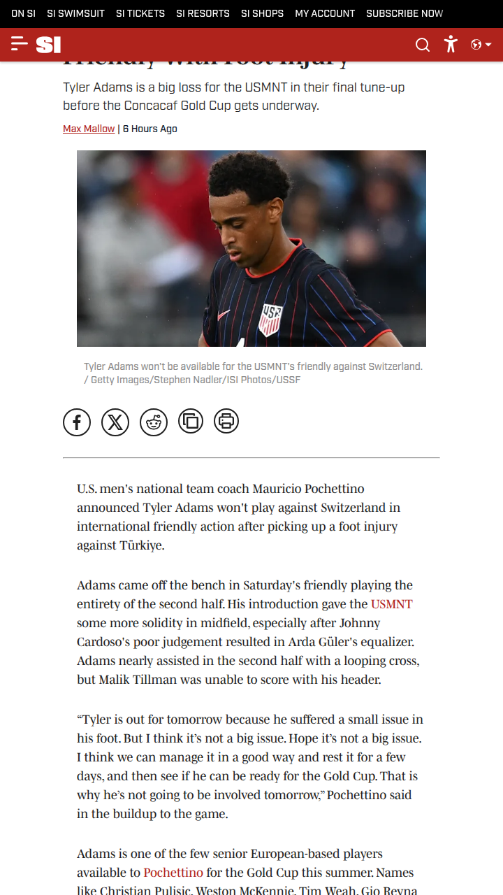 Captain America Out vs Swiss: Adams Injury Update
