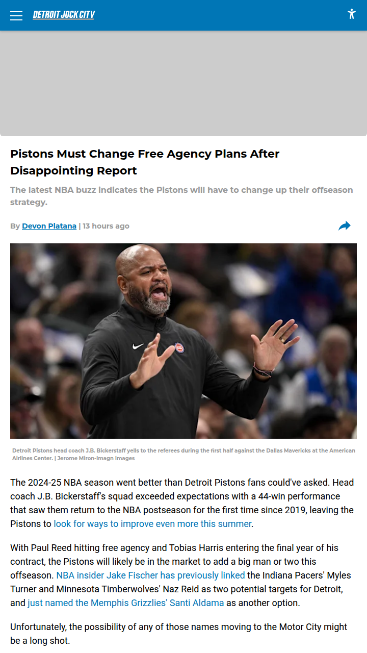 Pistons' Big Man Hunt Hits a Wall