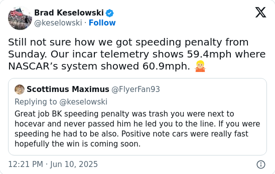 Kes Calls Out NASCAR’s Speeding Call