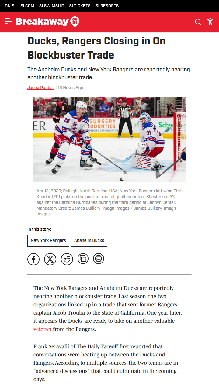 Kreider Era Ending? Ducks-Rangers Trade Buzz
