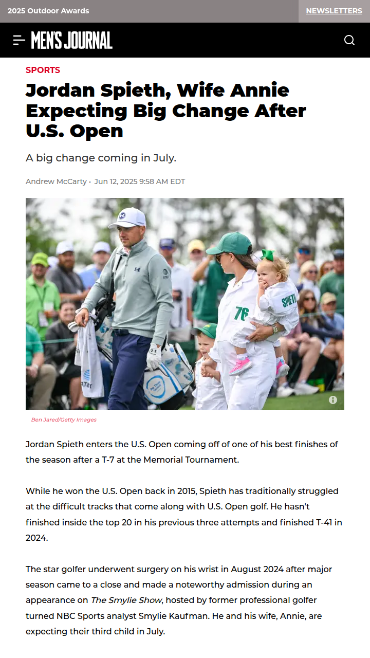 Spieth’s Family Grows as U.S. Open Looms