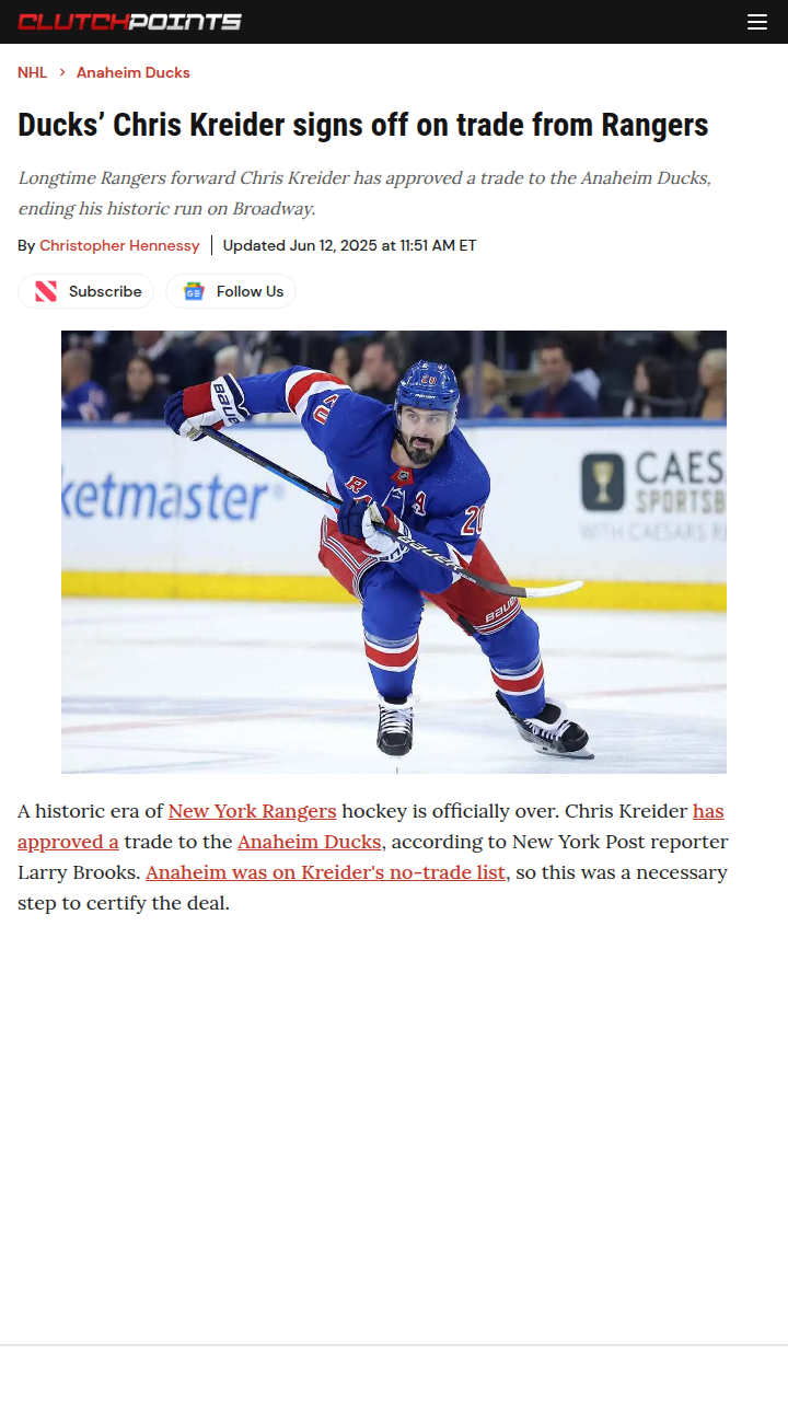 Kreider Era Ends: Ducks Land Blueshirts Legend