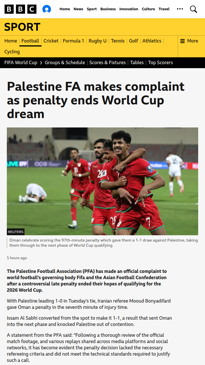 Controversial Call Ends Palestine’s WC Dream
