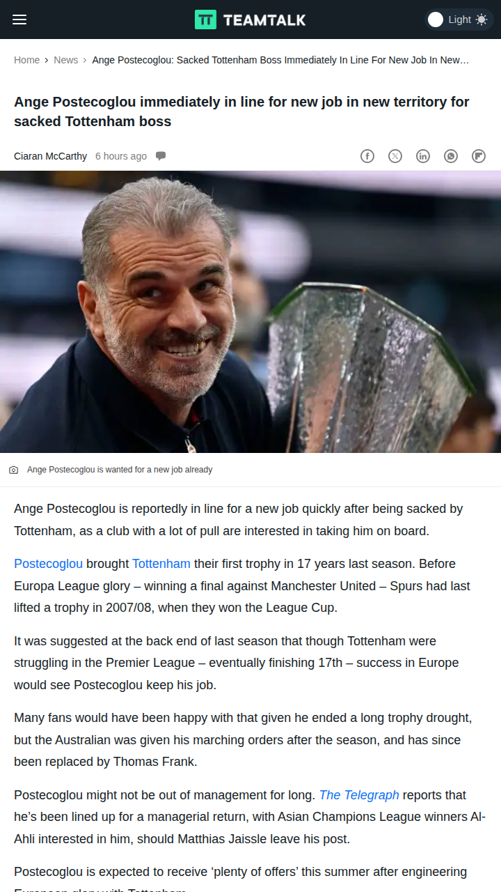Postecoglou Eyes Al-Ahli After Spurs Exit?