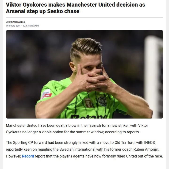 Gyokeres Snubs Red Devils for Gunners?