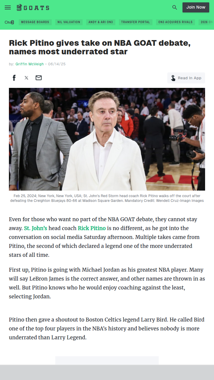 Pitino Picks MJ as GOAT, Praises Larry Legend