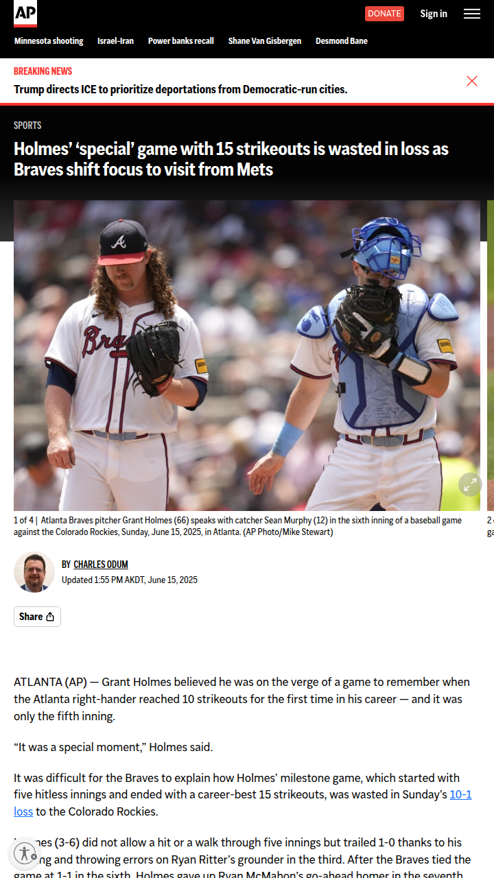 Holmes’ 15 Ks Can’t Save Braves vs Rockies