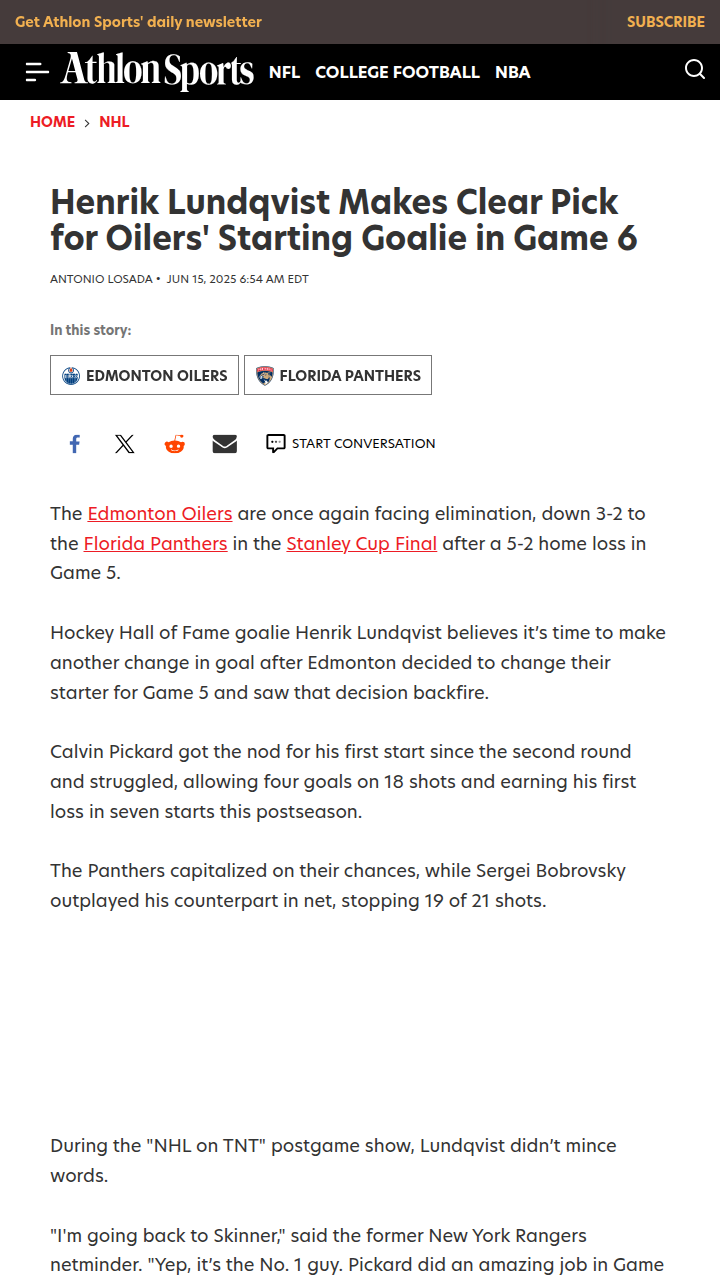 Lundqvist: Time to Trust Stu in Game 6?
