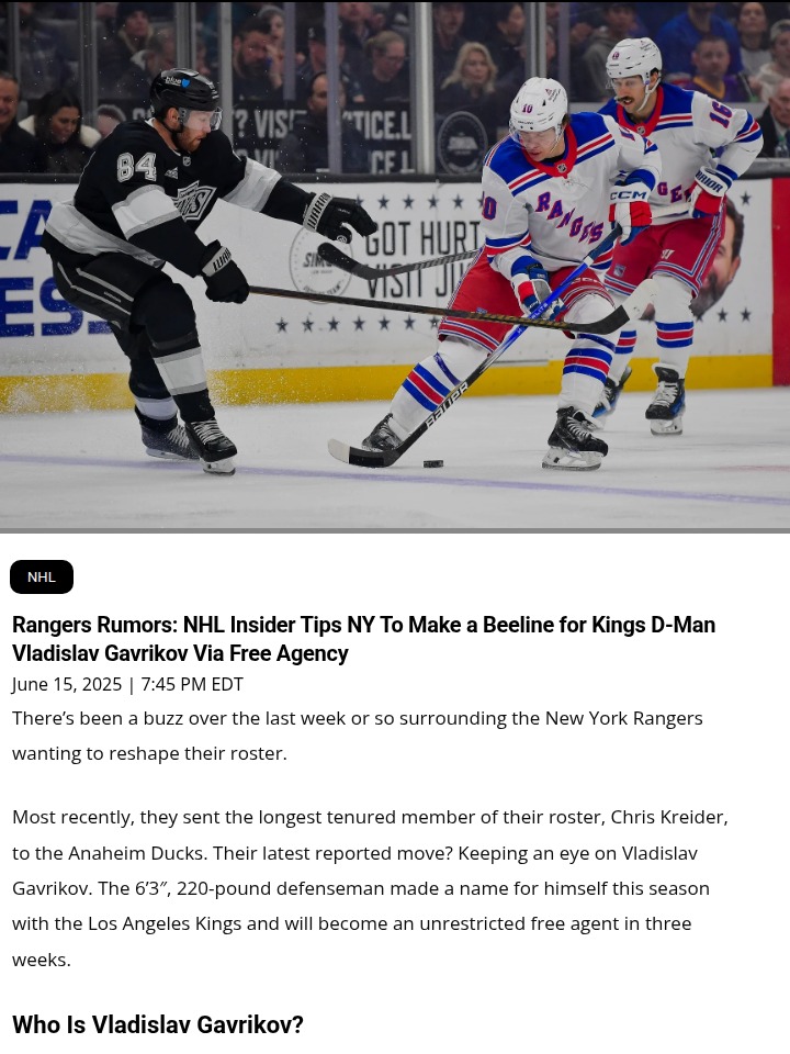 Blueshirts Eye Kings’ Gavrikov: Smart Move?