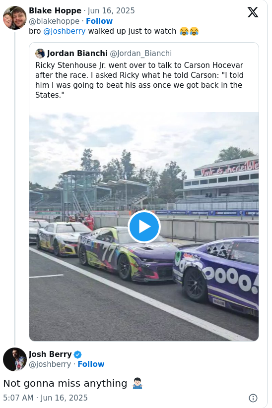 Berry Front Row for Stenhouse-Hocevar Drama